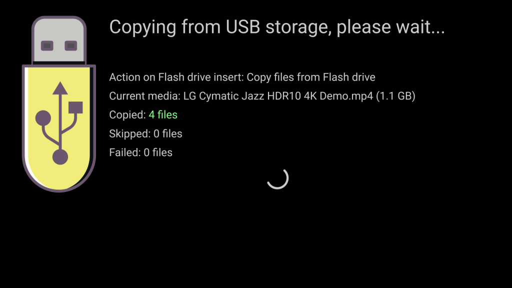 Screen while copying files from USB flash drive