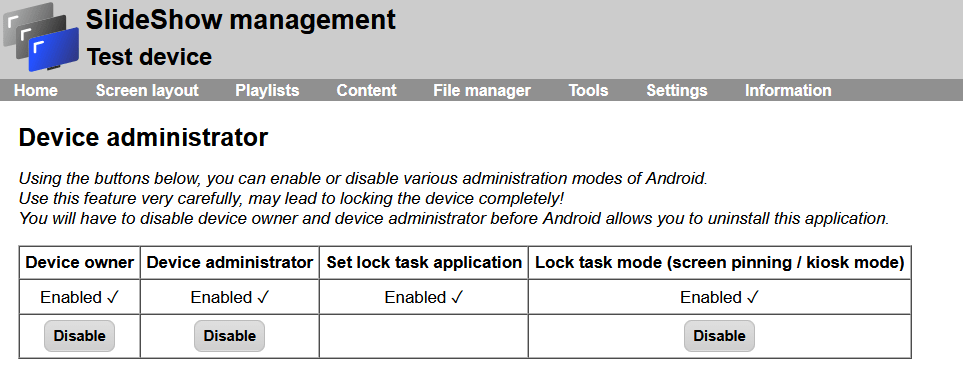 Device administrator page in the web interface