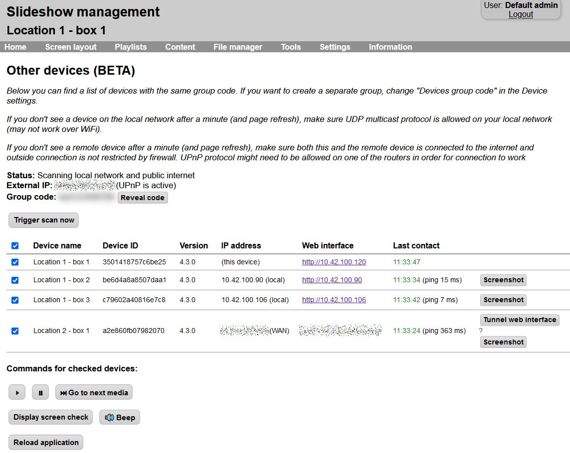 Other devices page in Slideshow's web interface