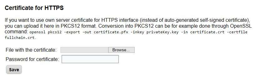 Dialog for uploading certificate for HTTPS