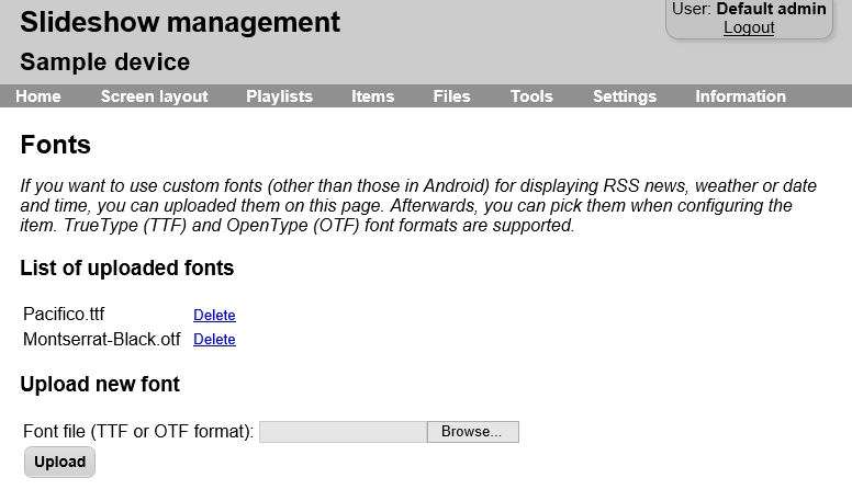 Form for uploading custom fonts