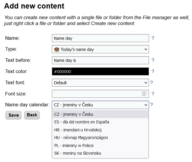 Edit content page with Today’s name day