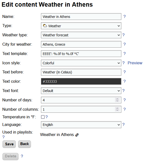 Dialog for editing content on the web interface. Example for degrees Celsius.