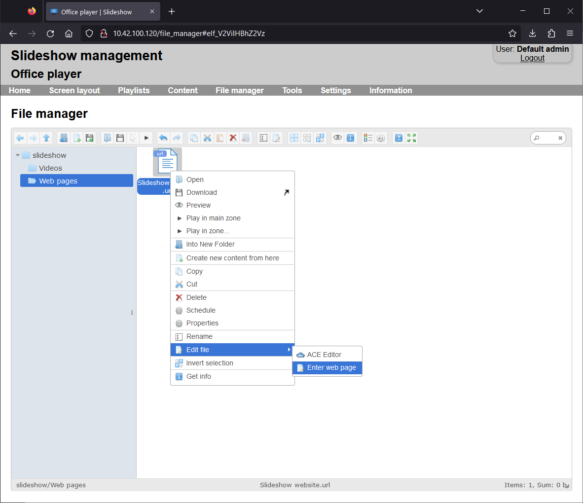 Opening Enter web page in File manager