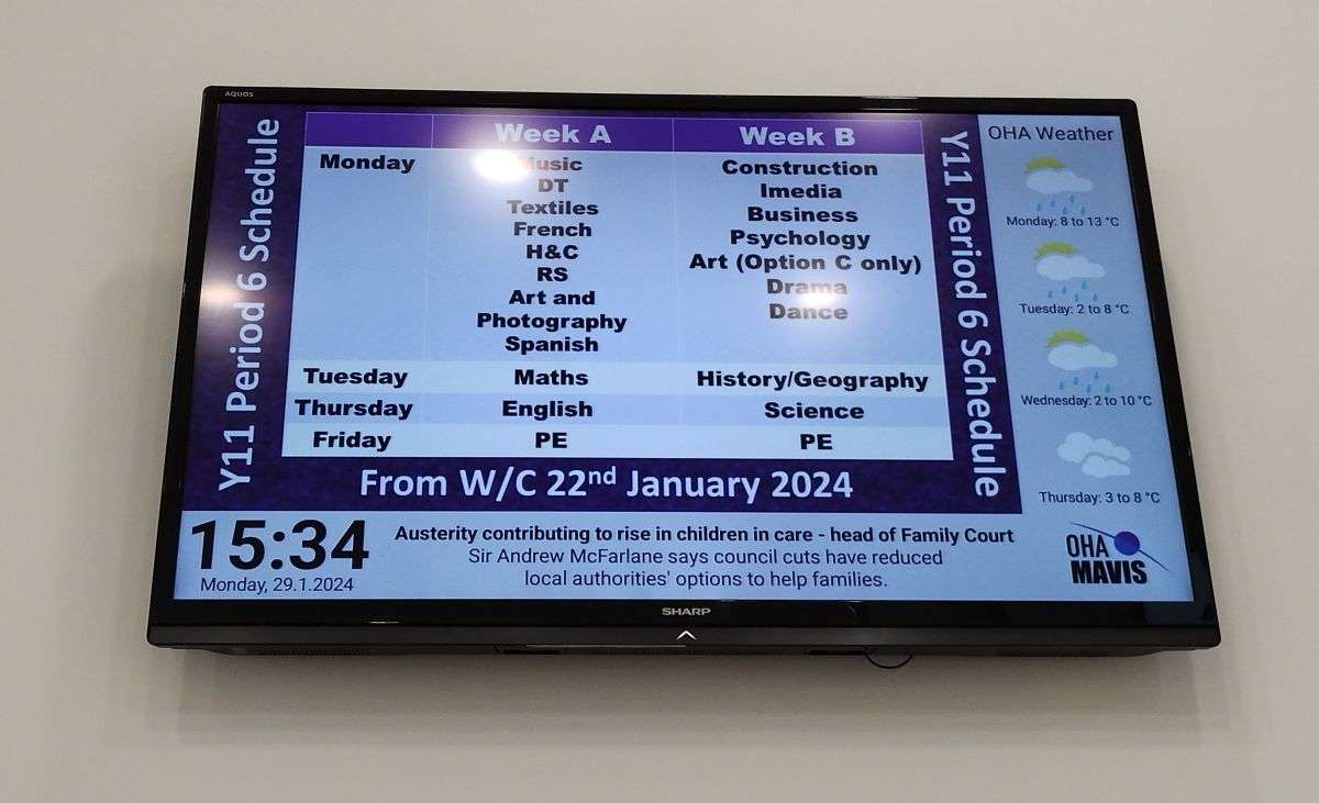 Screen with timetable